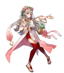Rule 34 | 1girl, artist request, closed mouth, dress, fire emblem, fire emblem heroes, floating, floating object, flower, flower pot, full body, gold trim, gradient clothes, grey hair, hair ornament, highres, jewelry, long hair, looking away, nintendo, official art, pelvic curtain, petals, red hair, red thighhighs, sandals, solo, thighhighs, thorns, tiara, toes, transparent background, veronica (fire emblem), wide sleeves