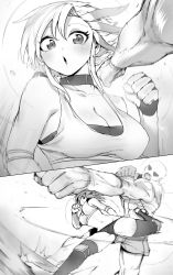 Rule 34 | 1boy, 1girl, absurdres, bandeau, battle, breasts, cleavage, clenched hand, clenched hands, duel, fighting, fighting stance, fingerless gloves, gloves, greyscale, highres, injury, kicking, large breasts, lowleg, lowleg panties, monochrome, niwarhythm, original, panties, short hair, skindentation, smile, stirrup legwear, toeless legwear, touka the undefeated (niwarhythm), underwear