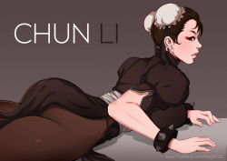 Rule 34 | 1girl, alternate color, ass, black hair, bracelet, breasts, bun cover, capcom, chinese clothes, chun-li, double bun, female focus, hair bun, jewelry, large breasts, looking at viewer, lying, magion02, on stomach, pantyhose, puffy sleeves, side slit, solo, spiked bracelet, spikes, street fighter