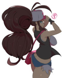 Rule 34 | 1girl, ?, adjusting clothes, adjusting headwear, ahoge, ass, bag, baseball cap, black vest, blue eyes, blue shorts, breasts, brown hair, closed mouth, commentary, cowboy shot, creatures (company), curvy, denim, denim shorts, eyelashes, from side, game freak, handbag, hat, highres, hilda (pokemon), large breasts, long hair, looking at viewer, looking back, nac000, nintendo, open clothes, open vest, poke ball print, pokemon, pokemon bw, ponytail, shade, short shorts, shorts, sidelocks, simple background, sleeveless, smile, solo, spoken question mark, sweatband, tank top, thick thighs, thighs, vest, white background, white hat, white tank top, wristband