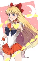 Rule 34 | 1girl, aino minako, bad id, bad pixiv id, bishoujo senshi sailor moon, blonde hair, blue eyes, bow, brooch, choker, crescent moon, earrings, foreshortening, gloves, hair bow, half updo, heart, heart brooch, highres, jewelry, kuze (uziuzi bom), long hair, looking at viewer, moon, orange skirt, outstretched hand, pink background, pleated skirt, red bow, sailor collar, sailor venus, simple background, single glove, skirt, solo, star (symbol), starry background, stud earrings, super sailor venus, very long hair, white gloves