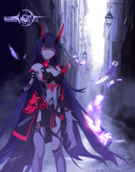 Rule 34 | 1girl, armor, bare shoulders, black gloves, breasts, character name, cleavage, closed mouth, feathers, gloves, glowing, highres, honkai (series), honkai impact 3rd, horns, japanese armor, long hair, looking at viewer, nid417, outdoors, purple eyes, purple hair, raiden mei, raiden mei (herrscher of thunder), signature, solo, thighhighs, white thighhighs