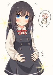 Rule 34 | 1girl, ^^^, asashio (kancolle), baby, black dress, black hair, blue eyes, blush, closed mouth, collared shirt, comiching, cowboy shot, dress, flying sweatdrops, hands on own stomach, highres, kantai collection, long hair, long sleeves, looking at viewer, neck ribbon, pacifier, pinafore dress, pregnant, red ribbon, ribbon, shirt, sidelocks, sleeveless dress, smile, solo, sparkle, speech bubble, spoken character, white shirt, wing collar