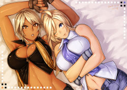 Rule 34 | 2009, 23 (real xxiii), 2girls, ;), ahoge, armpits, arms up, bare shoulders, bed sheet, blonde hair, blue eyes, blue necktie, blush, breasts, brown eyes, cleavage, collared shirt, covered erect nipples, crop top, crossed arms, dark-skinned female, dark skin, dated, denim, denim shorts, dutch angle, fingerless gloves, gloves, impossible clothes, impossible shirt, jewelry, large breasts, long hair, looking at viewer, lying, midriff, multiple girls, navel, necklace, necktie, on back, on bed, one eye closed, open fly, orange eyes, original, parted lips, sela (23), shiny skin, shirt, short hair, short shorts, shorts, signature, silver hair, sleeveless, sleeveless shirt, smile, tan, toned, unzipped, ursula (23), wink, zipper