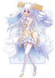 Rule 34 | 1girl, :d, absurdres, arm behind back, artina, bare shoulders, blue eyes, blush, bow, bowtie, center opening, commentary request, covered navel, crossed legs, crown, date a live, dress, elbow gloves, finger gun, full body, gloves, hand up, happy, highres, layered dress, long hair, looking at viewer, open mouth, skin tight, sleeveless, sleeveless dress, smile, solo, thighhighs, thumb to mouth, tobiichi origami, veil, very long hair, white bow, white bowtie, white dress, white gloves, white hair, white thighhighs