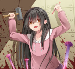 Rule 34 | 1girl, :d, arms up, beige background, black hair, blood, blush, brown eyes, child, collarbone, commentary request, creek (moon-sky), drawstring, hair between eyes, hammer, head tilt, holding, holding hammer, hood, hood down, hoodie, long hair, looking at viewer, nail, open mouth, original, pink hoodie, shaded face, simple background, smile, solo, upper body, youjo (creek (moon-sky))