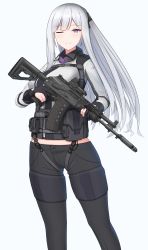 Rule 34 | 1girl, absurdres, ak-12, ak-12 (girls&#039; frontline), assault rifle, black gloves, black pants, breasts, closed mouth, girls&#039; frontline, gloves, gun, highres, holding, holding weapon, holster, kalashnikov rifle, long hair, looking at viewer, one eye closed, pants, partially fingerless gloves, purple eyes, rifle, silver hair, smile, solo, standing, topgear, uniform, weapon, white background