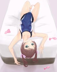 Rule 34 | 1girl, bad id, bad pixiv id, blue one-piece swimsuit, blurry, blush, breasts, brown hair, competition school swimsuit, competition swimsuit, condom, covered navel, depth of field, green eyes, highres, itaba yumi, long hair, looking at viewer, lydian academy swimsuit, multiple condoms, namime, on bed, one-piece swimsuit, school swimsuit, senki zesshou symphogear, shiny skin, short twintails, small breasts, smile, solo, swept bangs, swimsuit, teeth, twintails, used condom, v