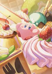Rule 34 | animated, animated gif, anko2552, blue eyes, blush stickers, cake, cake slice, cherry, colored skin, cookie, creature, doughnut, eating, food, fruit, happy, kirby, kirby&#039;s dream buffet, kirby (series), looping animation, nintendo, no humans, open mouth, pink skin, pudding, smile, solo, strawberry