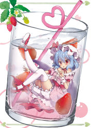 Rule 34 | 1girl, :o, alternate costume, beni kurage, bloomers, blue hair, center frills, checkered clothes, checkered dress, choker, crazy straw, cup, dress, drink, drinking glass, drinking straw, flower, food, frills, fruit, full body, gingham, hat, hat ribbon, heart, heart straw, highres, in container, knee up, leg up, looking at viewer, mary janes, mini person, minigirl, mob cap, neck ribbon, off-shoulder dress, off shoulder, pink dress, puffy short sleeves, puffy sleeves, red eyes, red footwear, red ribbon, remilia scarlet, ribbon, ribbon choker, sash, shoe soles, shoes, short sleeves, soda, solo, strawberry, strawberry blossoms, submerged, thighhighs, touhou, underwear, white background, white thighhighs, wrist cuffs