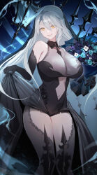 Rule 34 | 1girl, absurdres, arbiter the hermit ix (azur lane), azur lane, bare shoulders, black dress, black gloves, bouquet, breasts, clothes lift, commentary, commission, curly hair, dress, dress lift, elbow gloves, english commentary, flower, gloves, grin, hair between eyes, hands up, head tilt, highres, hip focus, holding, holding bouquet, lantern, large breasts, lifting own clothes, long hair, looking at viewer, navel, pale skin, pixiv commission, print dress, see-through, shibuya (kurokamishain), siren (azur lane), sleeveless, sleeveless dress, smile, solo, standing, thighs, veil, very long hair, white hair, yellow eyes