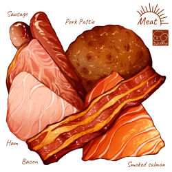 Rule 34 | artist logo, bacon, fish (food), food, food focus, ham, highres, meat, no humans, original, pork, salmon, sausage, simple background, white background, yuki00yo