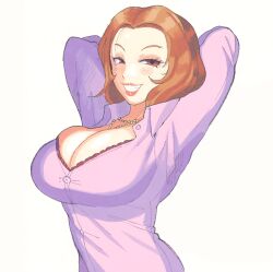 Rule 34 | 1girl, arms behind head, arms up, blush, breasts, brown eyes, brown hair, cleavage, eyelashes, grin, high heels, highres, inkerton-kun, jewelry, kashiwagi noriko, large breasts, lips, looking at viewer, mature female, necklace, persona, persona 4, pink shirt, shirt, smile, standing, sweat, teacher