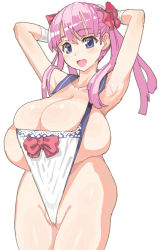 Rule 34 | 1girl, arms behind head, arms up, bandages, blue eyes, blush, breasts, cameltoe, cleft of venus, frontal wedgie, haramura nodoka, huge breasts, kasutaso, long hair, open mouth, partially visible vulva, pink hair, pussy, red ribbon, ribbon, saki (manga), simple background, skindentation, smile, solo, twintails, wedgie, white background