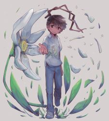 Rule 34 | 1boy, absurdres, brown hair, child, commentary, dalasquil, dark-skinned male, dark skin, denim, english commentary, falling petals, floating hair, floral background, floral print, full body, highres, jeans, looking at viewer, male focus, open mouth, original, outstretched arm, outstretched hand, pants, petals, reaching, reaching towards viewer, short sleeves, simple background, smile, solo, standing, wind