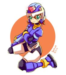 Rule 34 | 1girl, aile (mega man zx), blush, bodysuit, breasts, brown hair, commentary request, fi gu, gloves, green eyes, helmet, layered sleeves, long sleeves, mega man (series), mega man zx, model x (mega man), short hair, short over long sleeves, short sleeves, skin tight, solo, spandex