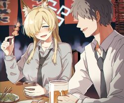 Rule 34 | 1boy, 1girl, animal ear fluff, animal ears, beer mug, black hair, black necktie, blonde hair, blue archive, blue halo, blush, breasts, chair, choko (cup), chopsticks, collared shirt, cup, dog ears, dog girl, extra ears, food, food stand, formal, hair over one eye, halo, highres, holding, holding food, holding skewer, kanna (blue archive), large breasts, long hair, long sleeves, looking at another, loose clothes, loose necktie, loose shirt, meat, mug, necktie, noren, norinnn0, notched ear, plate, police, police uniform, policewoman, sensei (blue archive), sharp teeth, shirt, short hair, sidelocks, sitting, skewer, smile, table, talking, teeth, wooden table, yatai