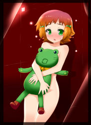 Rule 34 | 10s, 1girl, aquarion (series), aquarion evol, blush, butter-t, flat chest, frog, gradient hair, green eyes, looking at viewer, multicolored hair, nude, orange hair, pink hair, red hair, short hair, shy, solo, stuffed animal, stuffed frog, stuffed toy, tama (aquarion), yunoha thrul