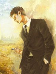 Rule 34 | 1boy, artist request, belt, black hair, black jacket, blazer, buckle, collared shirt, field, formal, glasses, grass, hand in pocket, holding, hunter x hunter, jacket, leorio paladiknight, long sleeves, looking down, male focus, necktie, non-web source, outdoors, pants, plant, profile, shirt, short hair, solo, source request, standing, suit, white shirt