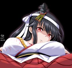 Rule 34 | 1girl, artist name, black background, black hair, dated, detached sleeves, disgust, fusou (kancolle), fusou kai ni (kancolle), hair ornament, headband, highres, japanese clothes, kantai collection, kimono, long hair, looking at viewer, nontraditional miko, red eyes, red skirt, shaded face, signature, simple background, skirt, solo, tk8d32, white headband, white kimono