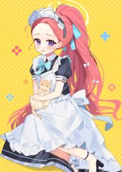 Rule 34 | 1girl, animal, apron, black dress, black footwear, blue archive, blue bow, blush, bow, cat, collared dress, commentary, dress, forehead, frilled apron, frills, hair bow, halo, high heels, highres, long hair, looking at viewer, maid, maid apron, maid headdress, official alternate costume, parted lips, polka dot, polka dot background, ponytail, puffy short sleeves, puffy sleeves, purple eyes, red hair, shishiodoshi, shoes, short sleeves, simple background, solo, very long hair, wavy mouth, white apron, white bow, yellow background, yuzu (blue archive), yuzu (maid) (blue archive)