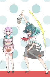 Rule 34 | 2girls, :&lt;, bowl, chopsticks, closed eyes, commentary request, eyepatch, green hair, green sailor collar, highres, holding, holding bowl, holding chopsticks, kantai collection, kiso (kancolle), long sleeves, mito (go!go!king!), multiple girls, no headwear, noodle strainer, pink hair, puffy short sleeves, puffy sleeves, red eyes, sailor collar, school uniform, serafuku, short hair, short sleeves, strainer, tama (kancolle)