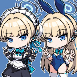 Rule 34 | 1girl, animal ears, apron, back bow, backless leotard, bare shoulders, black dress, black gloves, blonde hair, blue archive, blue background, blue bow, blue bowtie, blue eyes, blue halo, blue leotard, blue ribbon, blunt bangs, bow, bowtie, braid, bun cover, chest harness, chibi, collared shirt, commentary, double v, dress, earpiece, earrings, fake animal ears, fake tail, fingerless gloves, french braid, frilled apron, frills, gloves, hair over shoulder, hair ribbon, halo, harness, jewelry, kelinch1, leotard, long hair, looking at viewer, maid, maid apron, maid headdress, multicolored hair, multiple views, official alternate costume, playboy bunny, rabbit ears, rabbit tail, ribbon, shirt, sidelocks, sleeve cuffs, smile, strapless, strapless leotard, streaked hair, tail, thighhighs, toki (blue archive), toki (bunny) (blue archive), v, very long hair, white apron, white shirt, white thighhighs, wrist cuffs