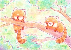Rule 34 | :&lt;, ;3, ;d, animal, animal focus, artist name, bisquii, branch, chibi, closed mouth, colorful, forest, hanging, nature, no humans, one eye closed, open mouth, original, painting (medium), panda, red panda, smile, sparkle, traditional media, tree, watercolor (medium)