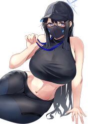Rule 34 | 1girl, absurdres, bare arms, bare shoulders, black hair, black pants, blue archive, blue eyes, blush, breasts, covered mouth, hair between eyes, halo, highres, large breasts, long hair, looking at viewer, mask, mouth mask, namazu (yamasonson), navel, pants, saori (blue archive), sidelocks, simple background, solo, white background