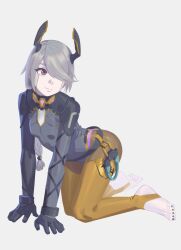 Rule 34 | absurdres, all fours, black gloves, black nails, braid, breasts, closed mouth, colored skin, full body, gloves, grey hair, grey skin, hair over one eye, highres, kucheat zg, long hair, looking to the side, orange pantyhose, pantyhose, red eyes, segiri (xenoblade), small breasts, smile, stirrup legwear, toeless legwear, toenails, xenoblade chronicles (series), xenoblade chronicles 3