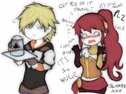 Rule 34 | 1boy, 1girl, blonde hair, bug, cup, english text, flying sweatdrops, jaune arc, long hair, open mouth, pyrrha nikos, red hair, rwby, scared, simple background, spider, tabletorgy, wavy mouth, white background