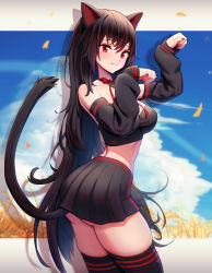 Rule 34 | 1girl, :3, animal ears, arched back, ass, bare shoulders, black hair, black shirt, black skirt, black thighhighs, breasts, cat ears, cat girl, cat tail, choker, clickdraws, closed mouth, commission, cowboy shot, crop top, detached sleeves, from side, hands up, highres, indie virtual youtuber, lanfear, large breasts, long hair, long sleeves, looking at viewer, midriff, miniskirt, paw pose, pleated skirt, red choker, red eyes, revealing clothes, ribbon choker, shirt, skirt, smile, solo, stomach, tail, tail raised, thighhighs, thighs, very long hair, virtual youtuber, vrchat, zettai ryouiki