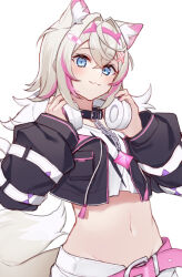 Rule 34 | 1girl, animal ear fluff, animal ears, bandaid, bandaid hair ornament, belt, belt collar, black collar, black jacket, blonde hair, blue eyes, collar, cropped jacket, cropped shirt, dog ears, dog girl, dog tail, flat chest, frilled shorts, frills, fur-trimmed jacket, fur trim, hair ornament, hairband, headphones, headphones around neck, hololive, hololive english, jacket, looking at viewer, mococo abyssgard, mococo abyssgard (1st costume), multicolored hair, navel, pink belt, pink hair, pink hairband, shikinagi, shorts, sidelocks, spiked collar, spikes, streaked hair, tail, two side up, virtual youtuber, white shorts, x hair ornament