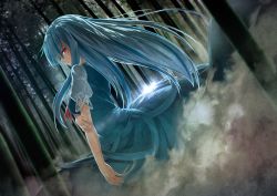 Rule 34 | 1girl, bamboo, bamboo forest, blue hair, dutch angle, forest, ibuki notsu, kamishirasawa keine, long hair, looking at viewer, looking back, nature, red eyes, solo, touhou