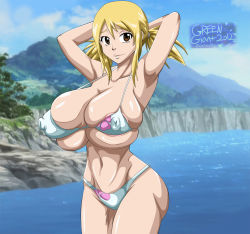 Rule 34 | 1girl, areola slip, bikini, blonde hair, breasts, brown eyes, cleavage, covered erect nipples, fairy tail, highres, huge breasts, looking at viewer, lucy heartfilia, micro bikini, navel, rtenzo, skindentation, smile, solo, standing, swimsuit, twintails