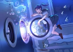 Rule 34 | 1girl, absurdres, air bubble, black hair, blue eyes, blue sailor collar, blue skirt, brown footwear, bubble, fish, highres, laundromat, loafers, nap on a cloud, original, ponytail, sailor collar, school uniform, serafuku, shoes, skirt, solo, submerged, tropical fish, underwater, washing machine, water