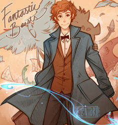 Rule 34 | 1boy, bird, blue eyes, bow, bowtie, brown hair, copyright name, dragon, fantastic beasts and where to find them, freckles, harry potter (series), male focus, monster, newton artemis fido scamander, paper, solo, suitcase, teeth, waistcoat, wizard, wizarding world