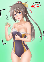 Rule 34 | 1girl, ^^^, anti (untea9), bare shoulders, blue one-piece swimsuit, brown hair, clothes pull, commentary request, competition swimsuit, cowboy shot, gradient background, green background, grey eyes, grey one-piece swimsuit, hair ribbon, highres, kantai collection, kazagumo (kancolle), long hair, looking at viewer, one-piece swimsuit, one-piece swimsuit pull, ponytail, recording, ribbon, solo, swimsuit, thigh gap