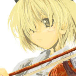Rule 34 | 1girl, blonde hair, bow (music), female focus, holding, holding bow (music), instrument, lowres, lunasa prismriver, portrait, simple background, solo, touhou, upper body, violin, white background
