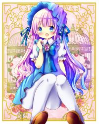 Rule 34 | 1girl, :d, blue bow, blue dress, blue eyes, blue hair, blue ribbon, blush, bow, brooch, brown footwear, chocolat (momoiro piano), collared dress, commentary request, dress, fang, gradient hair, hand up, jewelry, knees together feet apart, long hair, looking at viewer, multicolored hair, open mouth, original, pantyhose, puffy short sleeves, puffy sleeves, purple hair, ribbon, shirt, shoe soles, shoes, short sleeves, sitting, sleeveless, sleeveless dress, smile, solo, very long hair, white pantyhose, white shirt