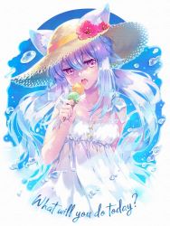 Rule 34 | 1girl, animal ears, bad id, bad twitter id, carnelian, cat ears, dress, english text, food, hat, holding, holding food, ice, ice cream, ice cube, long hair, looking at viewer, original, purple eyes, silver hair, solo, straw hat, sundress, teeth, tongue, twintails, upper body, water, white dress