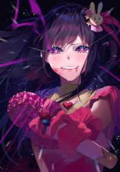 Rule 34 | 1girl, absurdres, blood, blood from mouth, blue gemstone, blush, bow, brooch, commentary request, crying, crying with eyes open, dress, frilled dress, frilled gloves, frills, gem, gloves, hair ornament, hair ribbon, heart, heart brooch, highres, holding, holding microphone, hoshino ai (oshi no ko), idol, idol clothes, jewelry, lens flare, light particles, long hair, looking at viewer, microphone, multicolored eyes, one side up, open mouth, oshi no ko, pink bow, pink dress, pink gloves, pink ribbon, purple eyes, purple hair, rabbit hair ornament, red gemstone, ribbon, sidelocks, smile, solo, sparkle, star-shaped pupils, star (symbol), star hair ornament, syausya sya, symbol-shaped pupils, tears, turtleneck, turtleneck dress, upper body