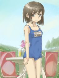 Rule 34 | 1girl, blue eyes, blue one-piece swimsuit, blush, breasts, brown hair, chair, cloud, collarbone, cup, drink, drinking glass, drinking straw, flower, flower pot, grass, highres, kageng, lemonade, looking at viewer, name tag, one-piece swimsuit, original, school swimsuit, short hair, sky, small breasts, standing, swimsuit, tree