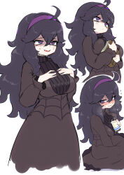Rule 34 | 1girl, @ @, alternate breast size, blush, book, bottle, breast suppress, breasts, breath, closed mouth, commentary request, creatures (company), curly hair, dress, flying sweatdrops, game freak, hair between eyes, hairband, hex maniac (pokemon), highres, holding, holding bottle, kashu (hizake), large breasts, long hair, long sleeves, milk bottle, multiple views, nintendo, open mouth, pokemon, pokemon xy, purple hairband, raised eyebrows, simple background, smile, sweat, white background