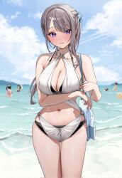 Rule 34 | bare arms, bare shoulders, bikini, blue eyes, blush, breasts, chigusa minori, cleavage, closed mouth, collarbone, corrupted twitter file, cowboy shot, grey hair, hair ornament, highres, large breasts, long hair, looking at viewer, navel, outdoors, saotome shino (shino to ren), shino to ren, solo, solo focus, stomach, swimsuit, thighs, water
