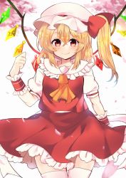 Rule 34 | 1girl, :&gt;, blonde hair, blush, bow, breasts, cherry blossoms, closed mouth, collarbone, commentary request, cowboy shot, crystal, eyebrows hidden by hair, fang, flandre scarlet, frilled shirt collar, frills, hair between eyes, hair bow, hand up, hat, highres, looking at viewer, mame. (mame mochi), medium hair, mob cap, one side up, orange neckwear, outdoors, petticoat, puffy short sleeves, puffy sleeves, red bow, red eyes, red skirt, red vest, short sleeves, simple background, skin fang, skirt, small breasts, smile, solo, thighhighs, touhou, vest, white background, white thighhighs, wings, wrist cuffs