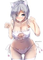 Rule 34 | 10s, 1girl, animal ears, blue eyes, blush, bra, breasts, cat cutout, cat ear panties, cat ears, cat lingerie, cleavage, cleavage cutout, clothing cutout, eyes visible through hair, hair ornament, hair over one eye, hairclip, hamakaze (kancolle), kantai collection, konkito, large breasts, looking at viewer, meme attire, navel, panties, paw pose, short hair, side-tie panties, silver hair, sketch, solo, thighhighs, underwear, underwear only, white bra, white panties, white thighhighs