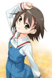 Rule 34 | 00s, 1girl, arm above head, bead, brown hair, dress, green eyes, hair ornament, hairclip, holding, isurugi noe, long sleeves, looking at viewer, mousou (mousou temporary), open mouth, school uniform, shirt, short hair, solo, true tears