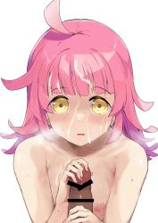 Rule 34 | blush, censored, cum, facial, flat chest, heart, heart-shaped pupils, heavy breathing, highres, holding penis, love live!, love live! nijigasaki high school idol club, love live! school idol project, nipples, nude, okpriko, open mouth, penis, pink hair, symbol-shaped pupils, tennouji rina, white background, yellow eyes