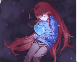 Rule 34 | 1girl, ahoge, blue heart, blue jacket, celeste (video game), chinese commentary, closed eyes, commentary request, highres, jacket, long hair, madeline (celeste), red hair, sleeves past wrists, solipsist, solo, very long hair